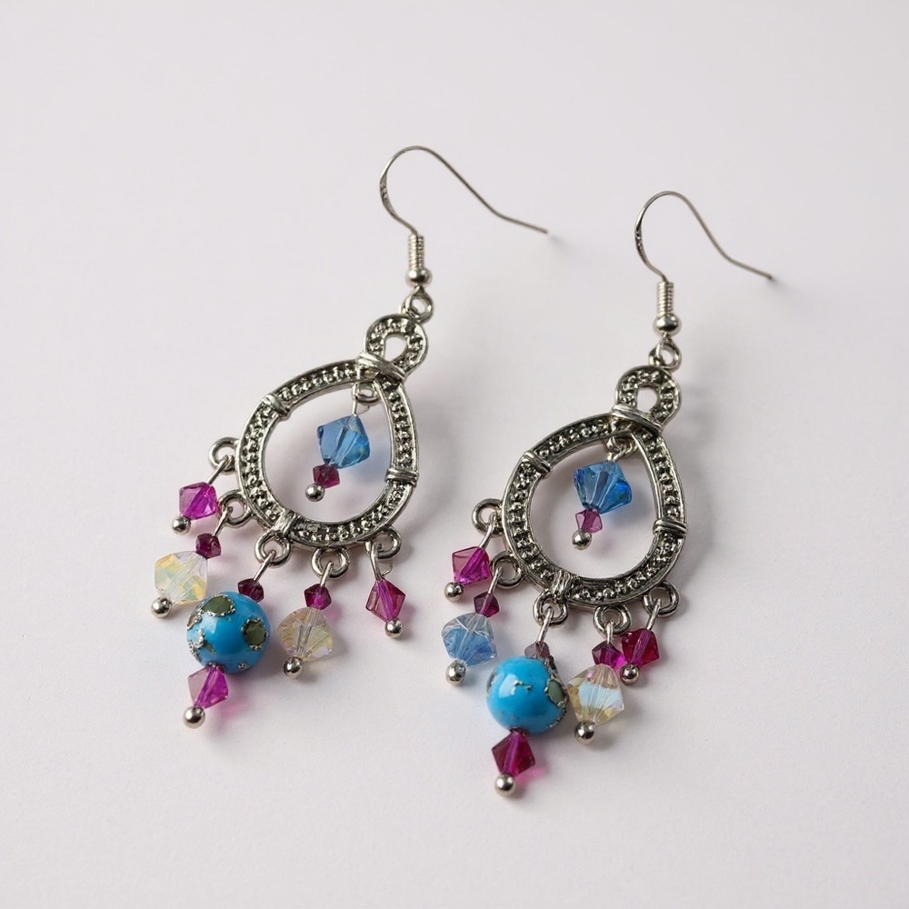 Handcrafted Czech Crystal Cloisonné Chandelier Earrings 925 Silver